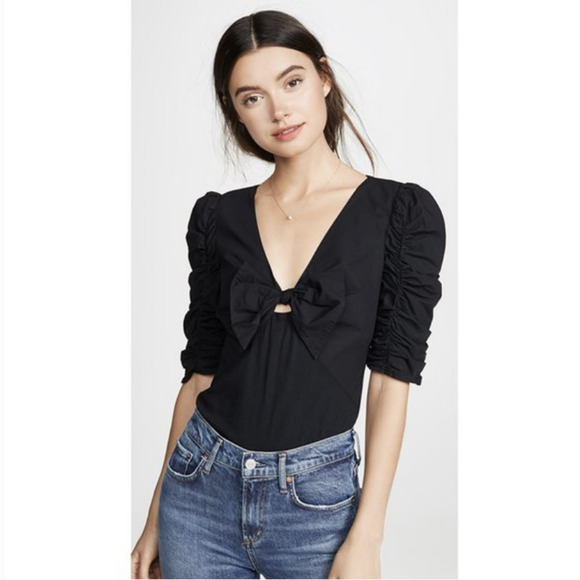 LA VIE REBECCA TAYLOR Poplin Blouse Black Ruched Sleeve V-Neck Bow - Picture 3 of 12